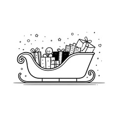 Simple curved Santas sleigh with gifts illustration for a toddlers first Christmas coloring book large bold outlines minimal details rounded shapes high contrast black and white line ar