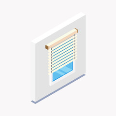 Fototapeta premium Isometric window icon with horizontal blinds. Vector illustration of venetian shades on a blue glass window. Interior design, home decoration, and office privacy concept.