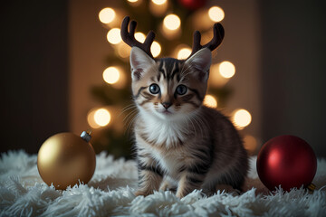 A kitten wrapped in Christmas string lights glowing softly