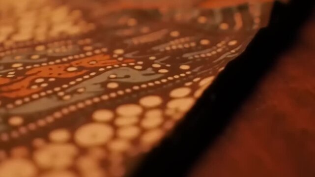 Close-up of intricate batik fabric with traditional patterns and warm colors.