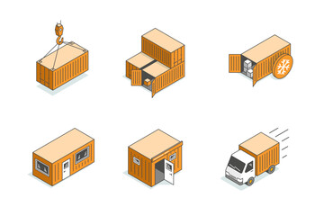 Isometric shipping container icons set. Vector illustrations of freight truck, cargo crane, refrigerated storage, and portable office cabin for logistics and transport concepts.
