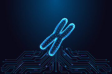 Glowing digital chromosome on circuit board, futuristic genetics and biotech vector illustration