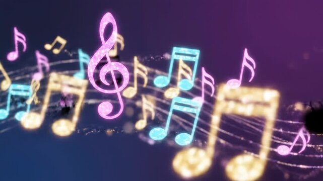 Moving bright musical notes and treble clef sparkling on dark background. Dynamic sheet music flowing for audio art and entertainment.