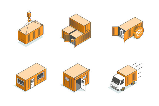 Isometric shipping container icons set. Vector illustrations of freight truck, cargo crane, refrigerated storage, and portable office cabin for logistics and transport concepts.