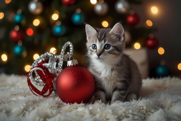 A kitten wrapped in Christmas string lights glowing softly