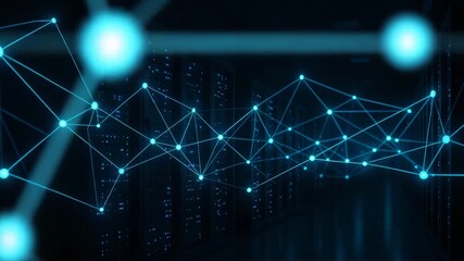 A futuristic network data visualization showcasing connectivity and data flow in a dark server room environment. - Powered by Adobe