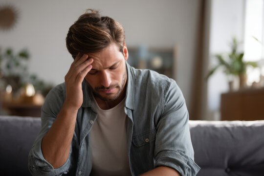 Handsome man suffering headache holding head on couch thoughtful worried emotional portrait in living room - Powered by Adobe