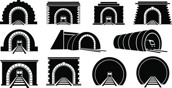 Various tunnel entrances and structures in black perfect for design on transparent background silhouette
