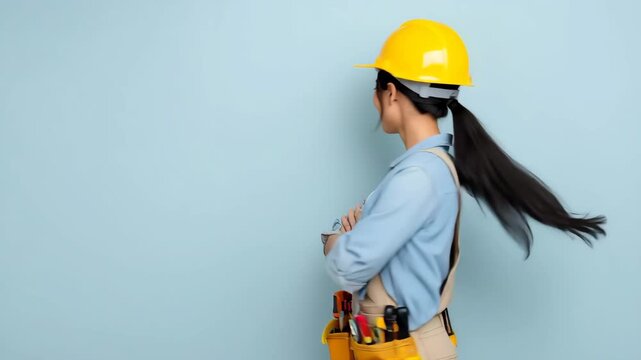 女性が作業着姿で工具を装備し、しっかりと立っている様子