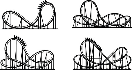 Four roller coaster designs in black and white on transparent background silhouette