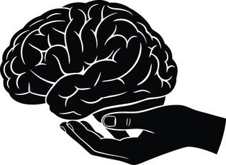 A hand gently cradling a human brain a striking silhouette on transparent background