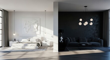 Modern, minimalist interior design showcases a dual-tone living space, featuring a bright, airy bedroom bathed in sunlight alongside a contrasting dark, moody living room with a stylish chandelier...