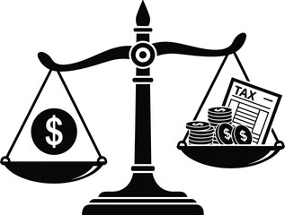 Scales of justice with money and tax documents on transparent background silhouette