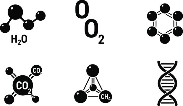 Molecular structures of water oxygen carbon dioxide and dna silhouette on transparent background