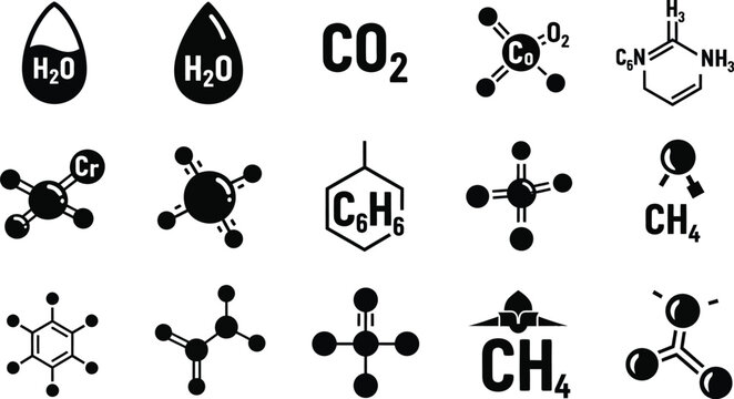 Black chemical molecule icons with formulas ideal for science projects on transparent background silhouette
