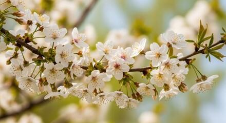 Obraz premium Delicate white blossoms, adorned with subtle pink and yellow accents, cluster gracefully along a slender, brown branch.