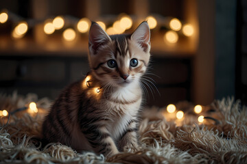A kitten wrapped in Christmas string lights glowing softly