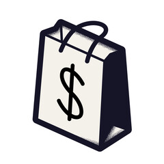 Isometric shopping bag icon with a dollar sign. Retro monochrome vector illustration with grain texture representing retail, e-commerce, finance, and consumer spending.