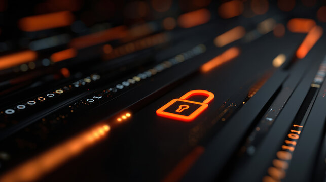 Glowing padlock icon on dark circuit board with orange light accents cyber security concept digital protection interface with bokeh highlights and futuristic data lines