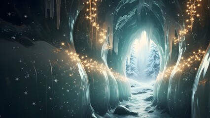 Obraz premium Magical Ice Cave Entrance with Sparkling Fairy Lights Leading to Snow-Covered Forest