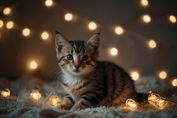 A kitten wrapped in Christmas string lights glowing softly
