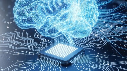 AI Digital glowing brain connected to a central processing unit chip on a circuit board