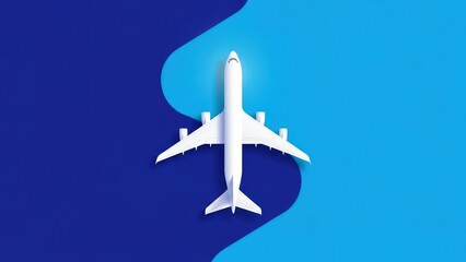 travel concept background Top view of white passenger jet flying between swirling blue backgrounds, airplane background