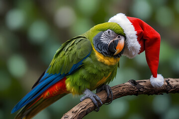 A parrot perched on a branch wearing a miniature Santa hat