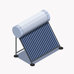 Isometric solar water heater icon. Vector illustration of a thermal collector with a horizontal tank and vacuum tubes. Renewable energy system for domestic hot water supply and green heating.
