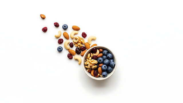 Healthy trail mix with nuts, dried berries, and blueberries isolated on white background