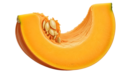 A vibrant orange pumpkin slice with visible seeds and stringy pulp against a white background