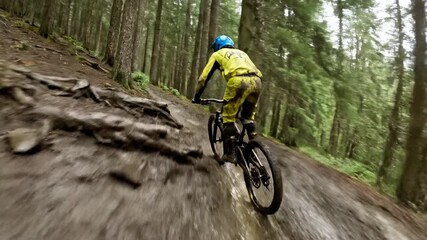 Man mountain biking on a muddy single track through a lush green forest, an action sport adventure for adrenaline seekers