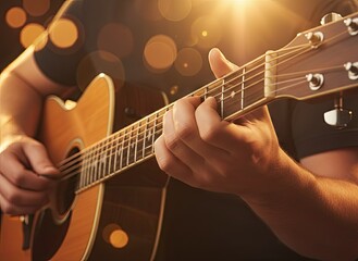 Naklejka premium Close Up Of Person Playing Acoustic Guitar With Sunlight And Bokeh Effect In The Background