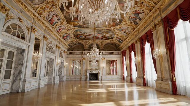 Luxurious ballroom interior with ornate chandelier and frescoed ceiling, sunlit empty event hall for elegant celebration