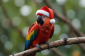A parrot perched on a branch wearing a miniature Santa hat
