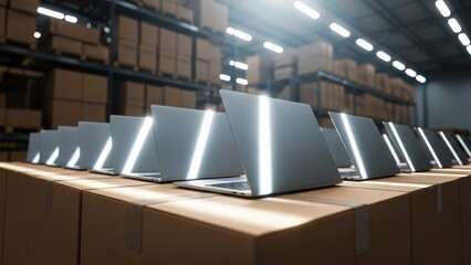 Row of modern laptops on cardboard boxes in a large warehouse storage facility