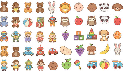 Obraz premium Adorable Cartoon Collection of Baby, Animals, Fruits, and Toys