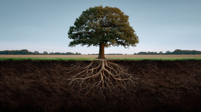 Solitary oak tree with extensive exposed root system in cross section revealing soil layers, earthy mood and natural texture