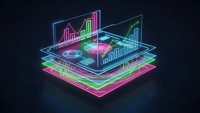 Futuristic Data Visualization with Neon Charts and Layers.