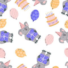 Hand drawn childish pattern with koala, balloons, cakes. Birthday print for cards, packaging, textile, poster, gift wrapping paper