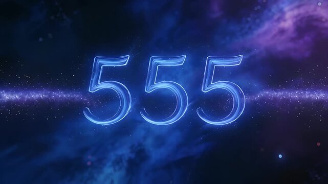 Angel Number 555 Glowing in Blue Neon Light with Ethereal Energy Waves and Cosmic Background.