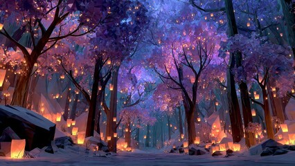 Fototapeta premium Enchanted Forest at Night with Glowing Lanterns and River
