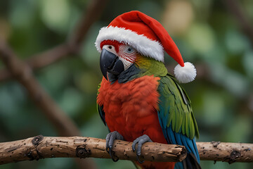 A parrot perched on a branch wearing a miniature Santa hat