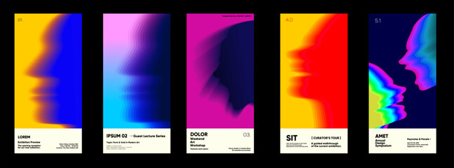 A vibrant collection of abstract posters featuring colorful gradient profiles. Each design showcases a unique blend of colors and shapes, creating a dynamic visual experience. 