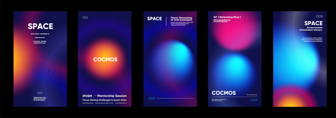 Space. A vibrant set of abstract posters featuring colorful gradients and dynamic lines. The designs highlight themes of space, innovation, and networking events