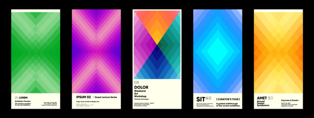 A vibrant collection of five abstract posters featuring geometric patterns in various colors. Each poster includes text elements promoting different art events, such as exhibitions, workshops