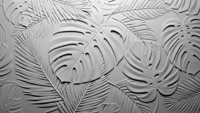 Monstera and palm leaves embossed texture background in gray tones