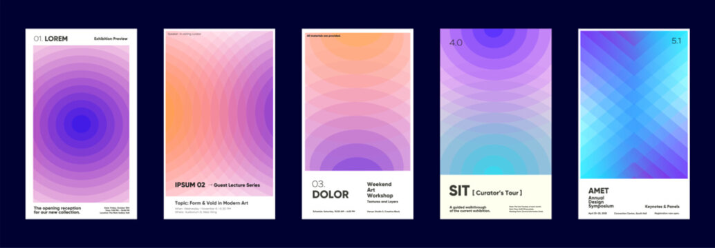 A series of five modern art posters with vibrant gradient backgrounds and geometric patterns. Each poster features different event details, showcasing a blend of creativity and design. 