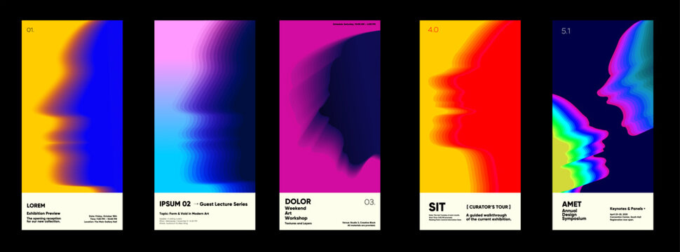 A vibrant collection of abstract posters featuring colorful gradient profiles. Each design showcases a unique blend of colors and shapes, creating a dynamic visual experience. 