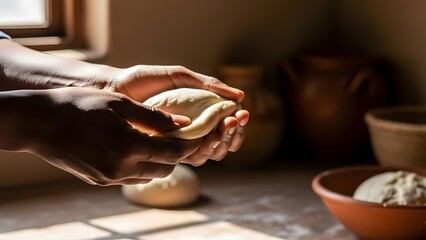 Crafting the Perfect Dough: A close-up shot captures the skillful hands of an individual, expertly kneading dough, the scene bathed in warm sunlight.